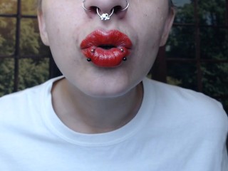 Lip Nose Piercings Applying Red lipstick