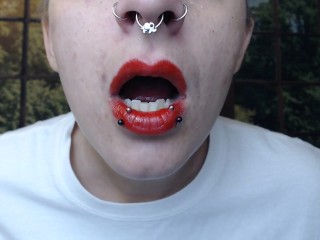 Lip Nose Piercings Applying Red lipstick