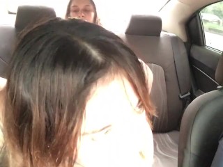 whore can't stand it and pleasures her pussy in an uber with a strap-on