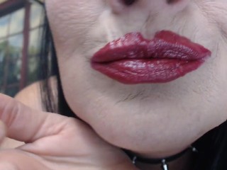 Big Red shiny Over drawn lipstick application