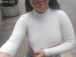 Little Ruby - Showing off my pierced nipples with a transparent croptop letting people see my tits