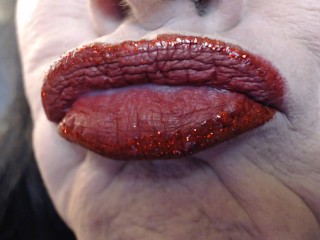 Red Glitter Lipstick Duck Lip Pose