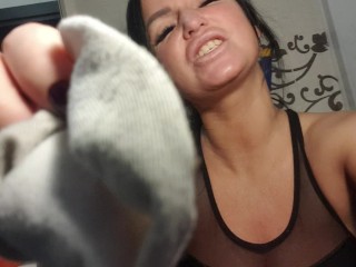 Small my dirty wet socks slave and cleen it in your mouth