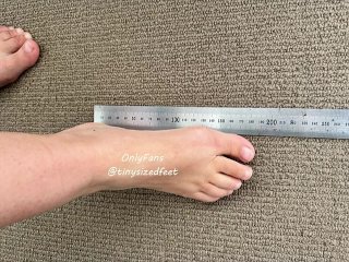 TinySizedFeet Measuring against ruler and common home items, US Size 4, UK Size 1.5, EU 34 tiny feet