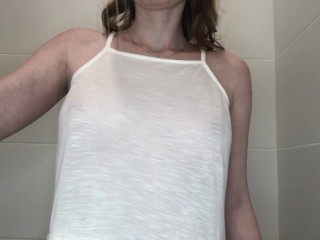 Play with water white wet t-shirt shower time shower play, jump with huge boobs natural piercing