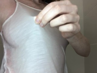 Play with water white wet t-shirt shower time shower play, jump with huge boobs natural piercing