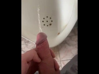 A guy pees in an office public toilet with his beautiful dick with big balls