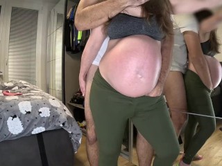 Pregnant babe is leaking in yoga pants when she orgasm.