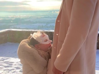 Down Jacket Outdoor Public Blowjob & Cumshot In Winter Wonderland - Couple Keyla & Lucas