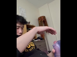 Hot Asian Guy Fucking His Toy With His Throbbing Wet Cock