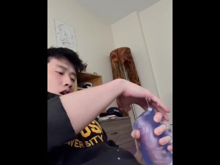 Hot Asian Guy Fucking His Toy With His Throbbing Wet Cock