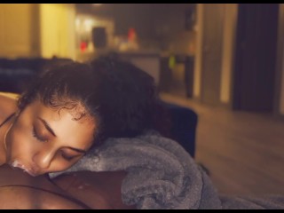 Slow deepthroat looks like she eating a pussy