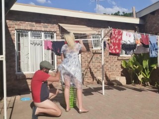 Horny neigbour fucks me when I try to take the washing off