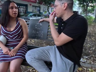 Very beautiful girl waits for her boyfriend in the park. Fuck for money in Fake Interview