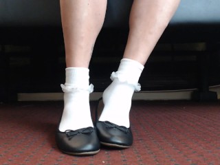 Dainty White Ruffled Socks Ballet Flats Closeup Foot fetish