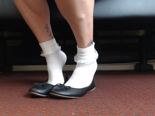 Dainty White Ruffled Socks Ballet Flats Closeup Foot fetish