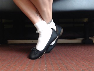 Dainty White Ruffled Socks Ballet Flats Closeup Foot fetish