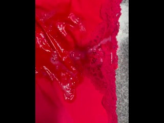 Red silk panties with amazing cum