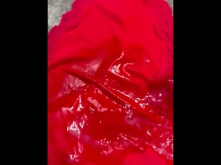 Red silk panties with amazing cum