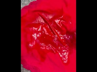 Red silk panties with amazing cum