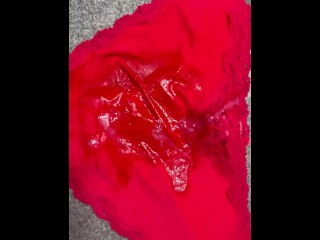 Red silk panties with amazing cum