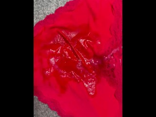 Red silk panties with amazing cum