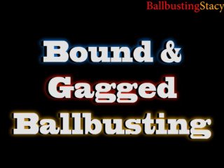 Bound and Gagged Ballbusting Trailer, Shiny PVC Fishnet Domme Punches Elbows Balls of Gagged Slave