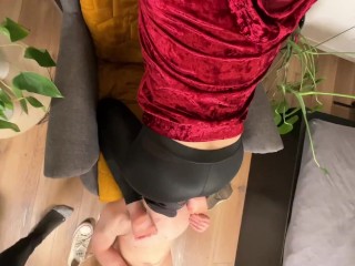 Lady in red velvet hoodie rubs ass in panties over guy face who jerks off and licks her sweaty feet!