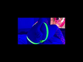 After party sissy rave slut stretches ass with huge dildo in neon Blacklight