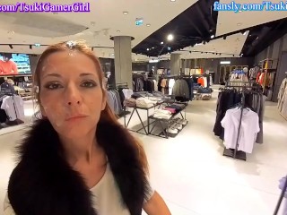CUMWALK! Sexy chick casually walks and comments in the clothing store with cum on her face.