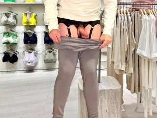 Shemale crossdresser flashes and masturbates in public store wearing sexy lingerie