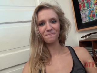 Flat-chested skinny blonde answers personal questions about sex and then fingers herself to orgasm.