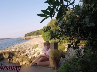 Teen teacher sucks my cock in a public beach in Croatia in front of everyone - it's very risky