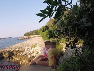 Teen teacher sucks my cock in a public beach in Croatia in front of everyone - it's very risky