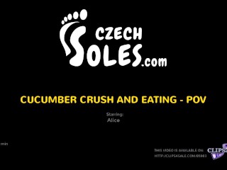 Cucumber crush and eating, POV (foot slave, high heels, chubby feet, crushing, shoe licking, soles)