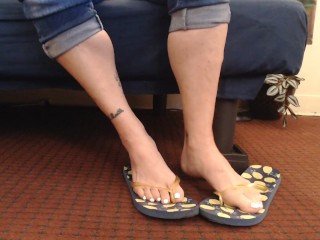 Worn Out Blue Flip flops White Nails Toe Wiggling