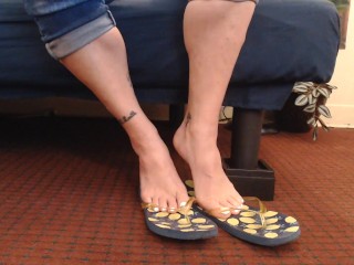 Worn Out Blue Flip flops White Nails Toe Wiggling