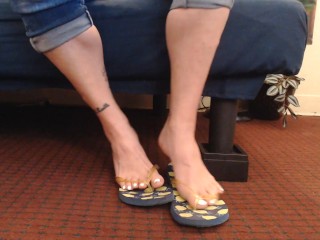 Worn Out Blue Flip flops White Nails Toe Wiggling