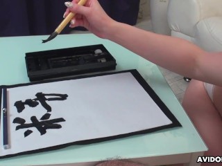 Japanese girl Renka Shimizu sucking dick and writes with a pencil uncensored.