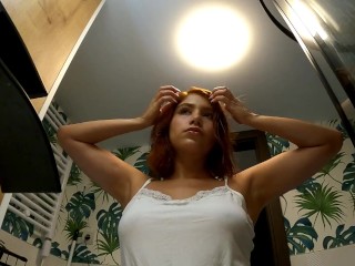 Hot sexy tight pussy redhead girlfriend in the bathroom no panties tases in a miniskirt