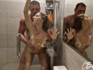 My friend's wife liked fucking in the shower and she came to me again to get a hot creampie