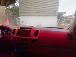 I give a blowjob while getting my car washed to the cleaner with my friend at the back