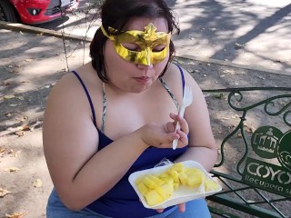 I suck my man's ass, cock and balls, extract a lot of cum and eat it with pineapple in public