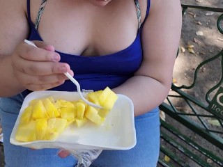 I suck my man's ass, cock and balls, extract a lot of cum and eat it with pineapple in public