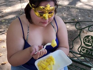 I suck my man's ass, cock and balls, extract a lot of cum and eat it with pineapple in public