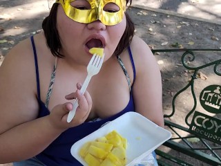I suck my man's ass, cock and balls, extract a lot of cum and eat it with pineapple in public