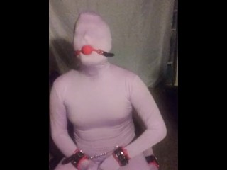 Pink Zentai having a little bdsm bondage fun alone