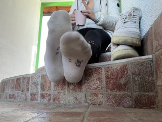 Showing my socks and feet while smoking