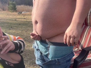 Smoking outdoor blowjob