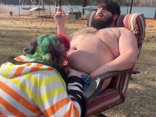 Smoking outdoor blowjob